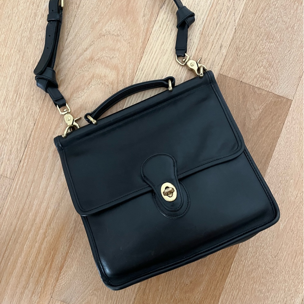 Vintage Coach Willis Bag Black Leather Satchel Brass Turnlock Flap